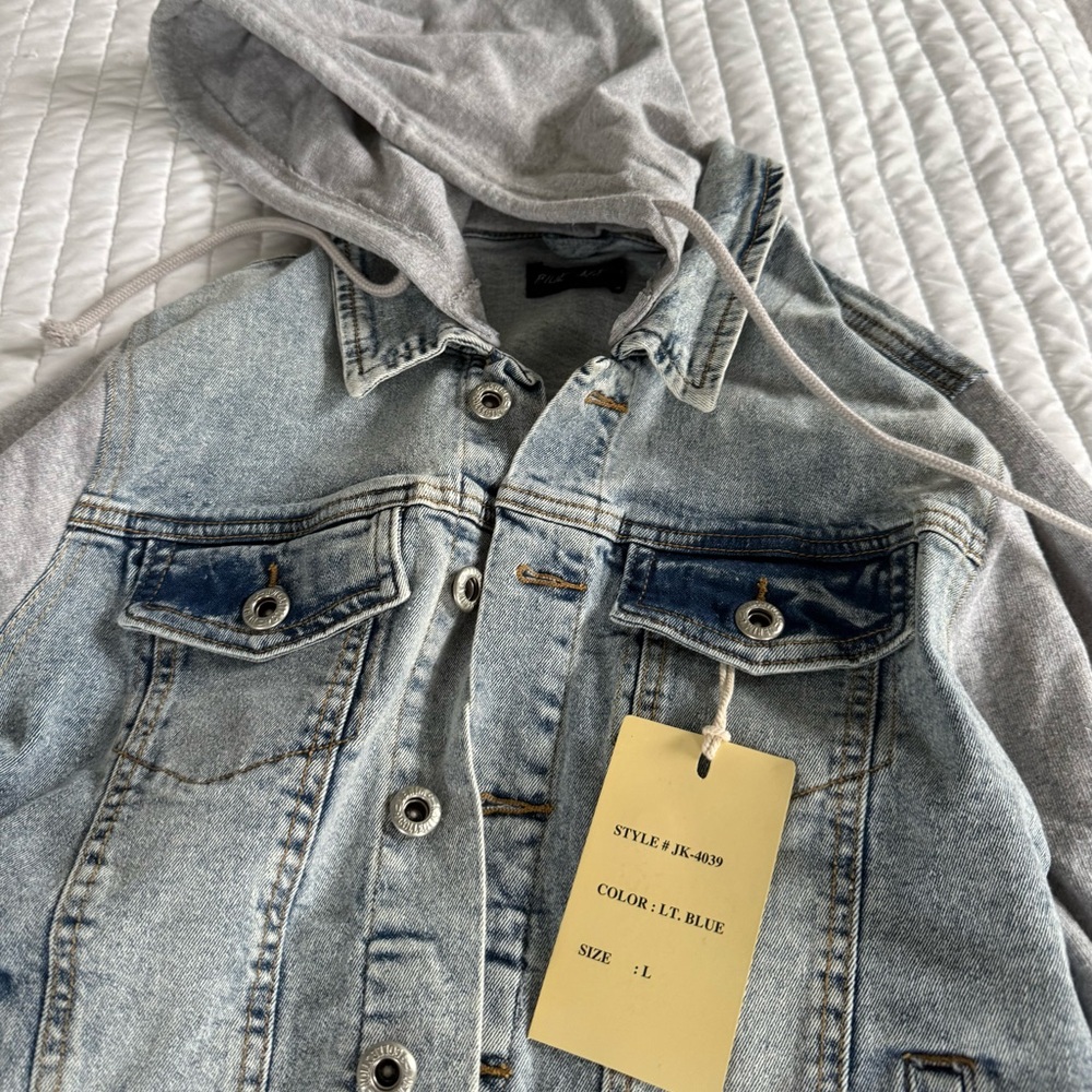 Light Blue Denim Jean Jacket with Gray Hoodie